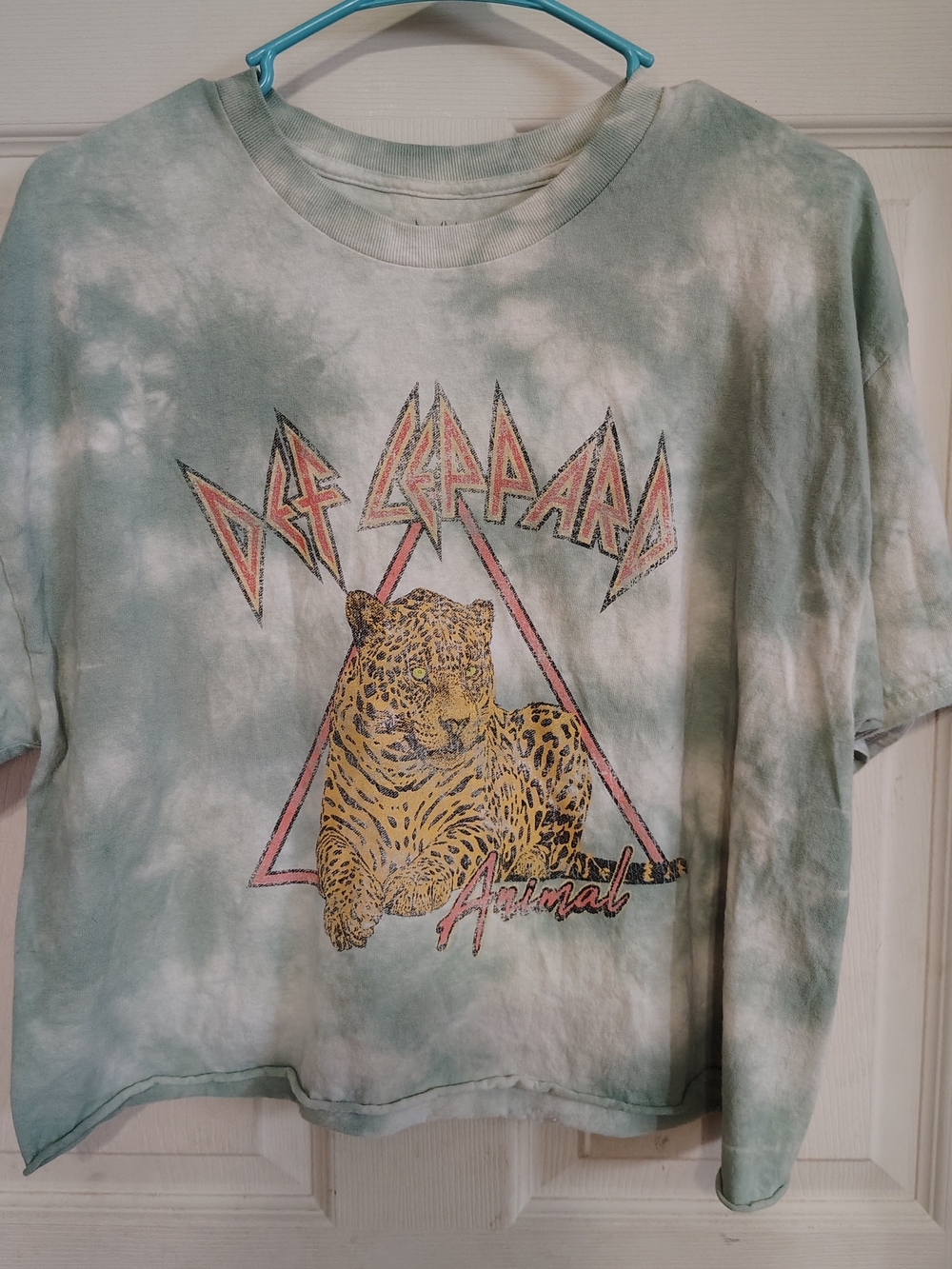 Retro Def Leppard Animals Graphic Crop T-shirt Women Large Green Tie Dye Music